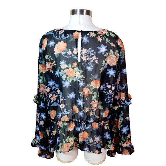 Forever 21+ Peplum Black Shirt Floral Print Women's Sheer Fabric Ruffles Size 3X - Picture 3 of 6